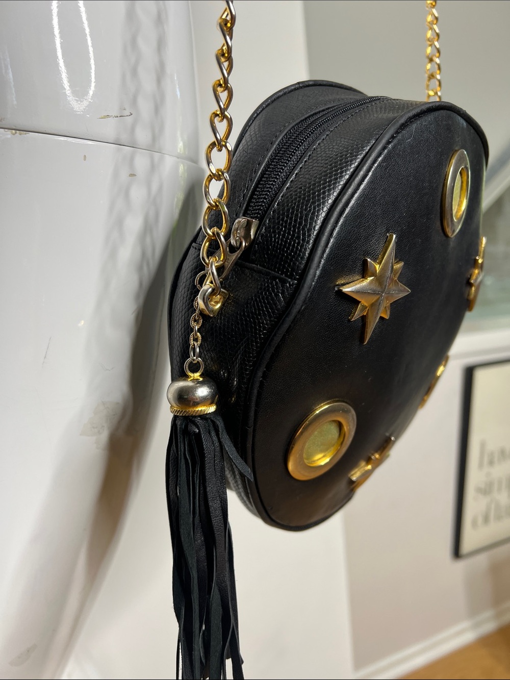 Escada Vintage Round Black Leather Bag Goldtone Hardware Studs Grommets Tassle - Picture 3 of 9